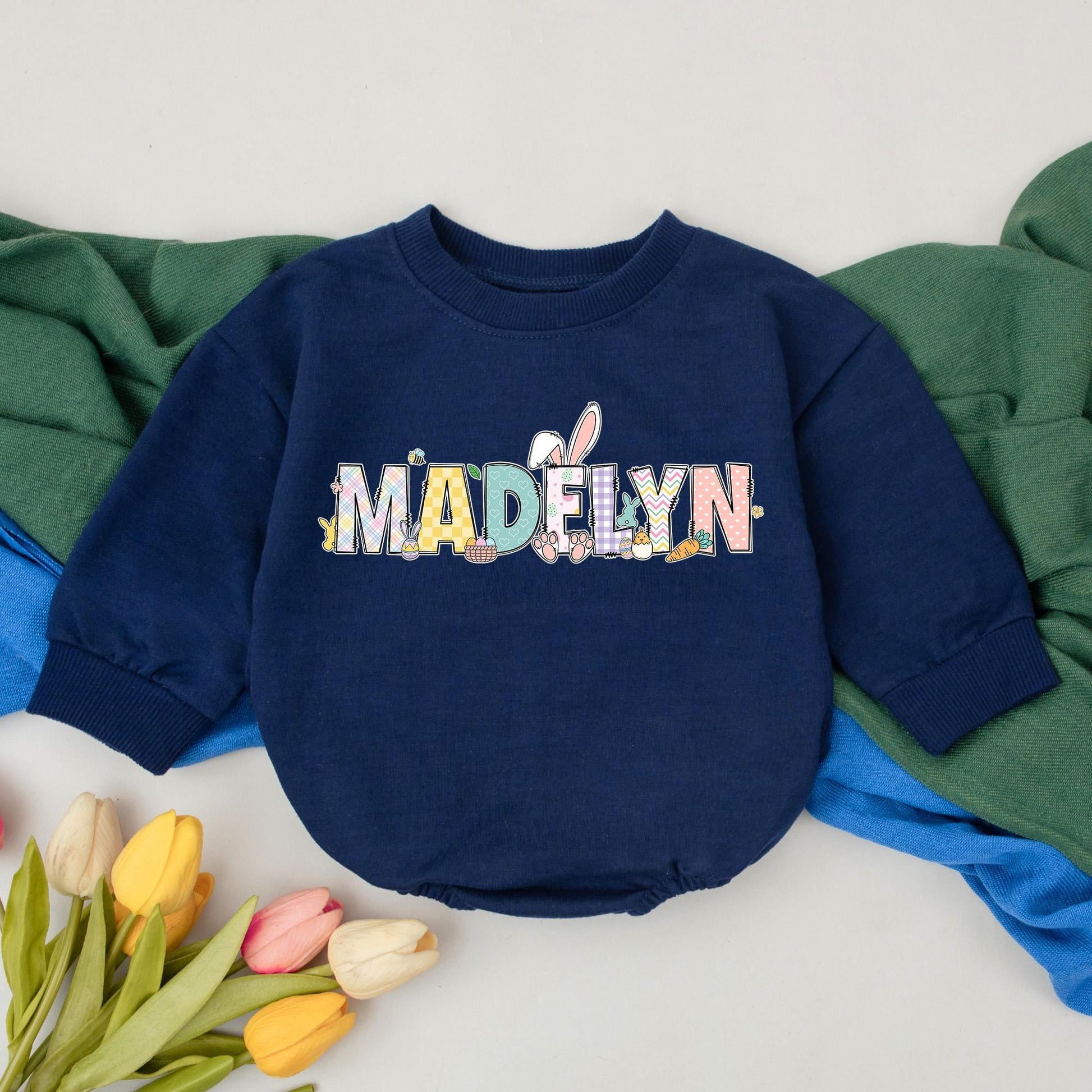 Personalized Easter Romper with Plaid Hearts & Bunny Graphics Cute Baby's 1st Easter Day Outfit Bubble Bodysuit Gift