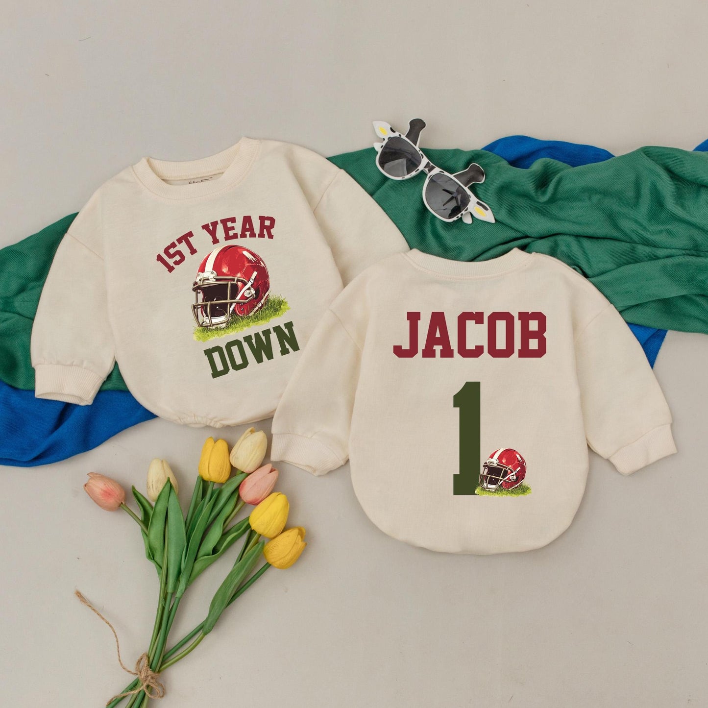 Football First Birthday Boy Romper 'First Year Down' Personalized Custom Name Design Baby Clothes Party Outfit