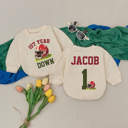 Football First Birthday Boy Romper 'First Year Down' Personalized Custom Name Design Baby Clothes Party Outfit