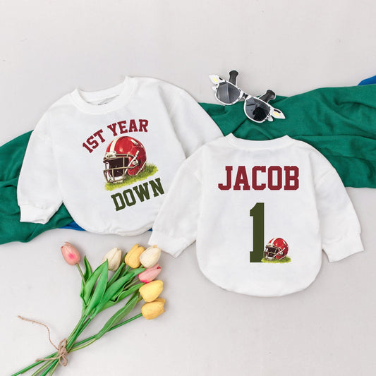 Football First Birthday Boy Romper 'First Year Down' Personalized Custom Name Design Baby Clothes Party Outfit