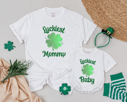 Matching St. Patrick's Day Mommy and Me Shirts, Bling Shamrock Outfit, Personalized Luckiest Baby/Mommy Tee, 1st St Patricks Day Family