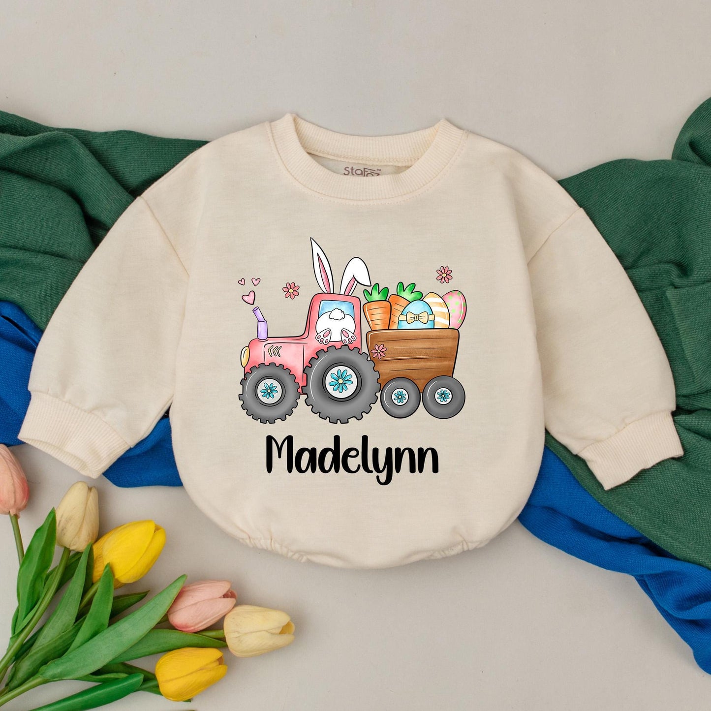 Personalized Eggs-cavator Baby Romper Little Bunny Bodysuit 1st Easter Day Infant Custom Gift Bubble Romper