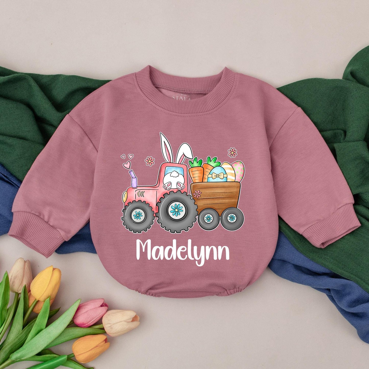 Personalized Eggs-cavator Baby Romper Little Bunny Bodysuit 1st Easter Day Infant Custom Gift Bubble Romper