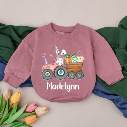 Personalized Eggs-cavator Baby Romper Little Bunny Bodysuit 1st Easter Day Infant Custom Gift Bubble Romper