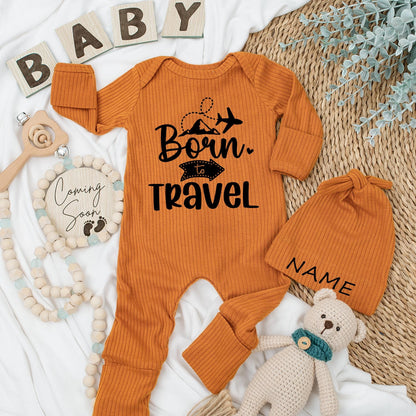 Born to Travel Baby Bodysuit and Hat Set Cute Newborn Going Home Outfit Natural Pregnancy Reveal Gift for Baby