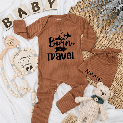 Born to Travel Baby Bodysuit and Hat Set Cute Newborn Going Home Outfit Natural Pregnancy Reveal Gift for Baby