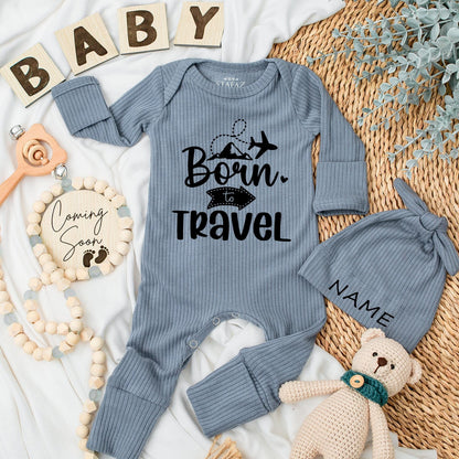 Born to Travel Baby Bodysuit and Hat Set Cute Newborn Going Home Outfit Natural Pregnancy Reveal Gift for Baby
