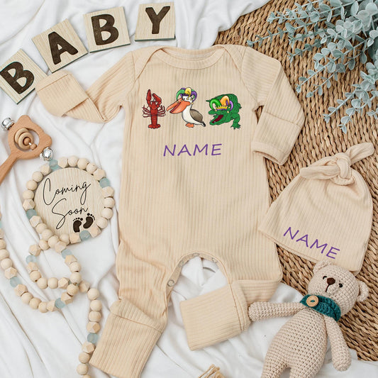 Cute Mardi Gras Baby Bodysuit and Hat Set for Infant Boys and Girls, Adorable Going Home Outfit Announcement Gift Pregnancy Reveal Party