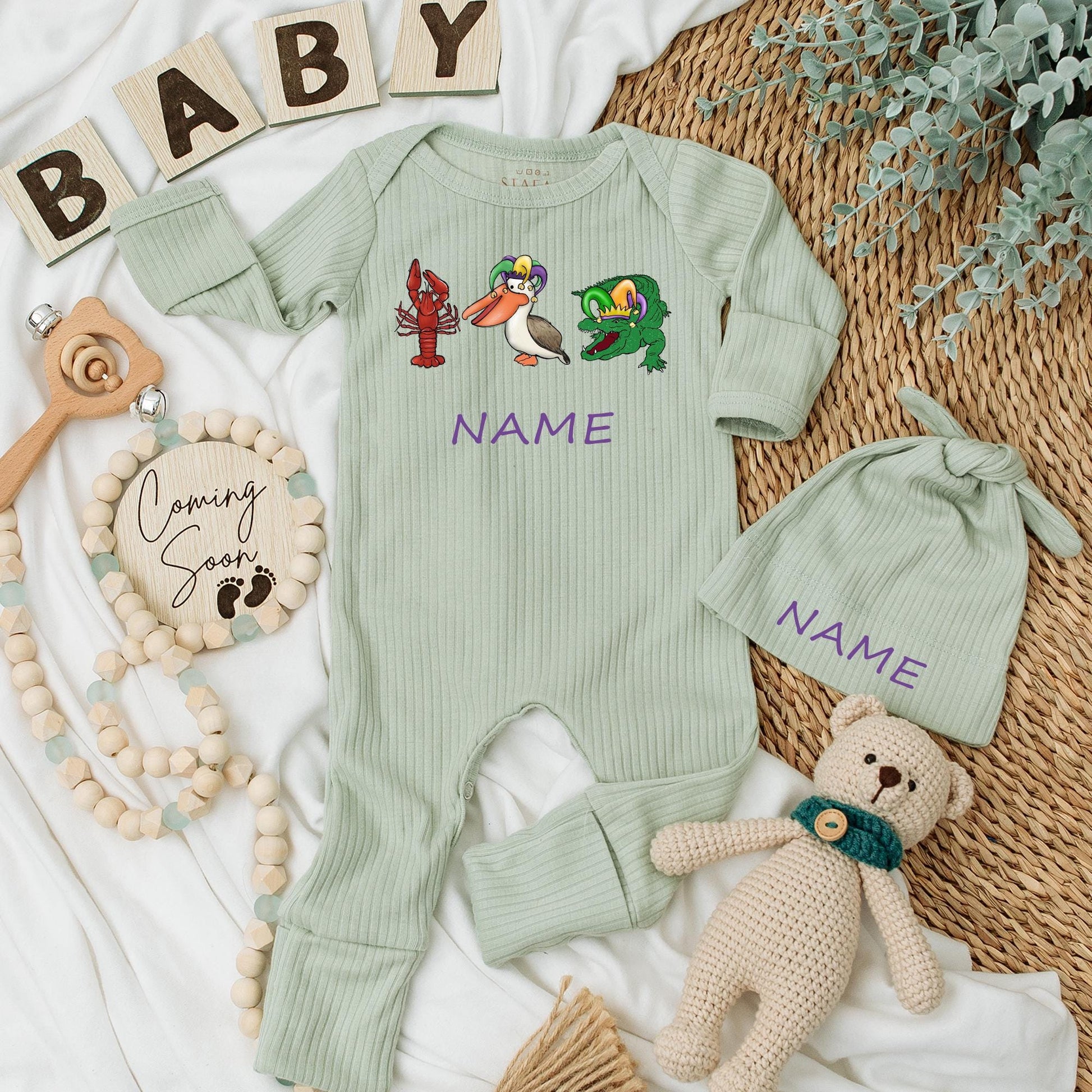 Cute Mardi Gras Baby Bodysuit and Hat Set for Infant Boys and Girls, Adorable Going Home Outfit Announcement Gift Pregnancy Reveal Party