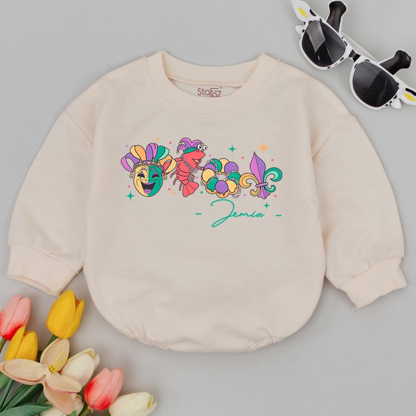 Personalized Happy Mardi Gras Baby Romper First Carnival Festival Outfit Infant Tee Baby Announcement Clothes