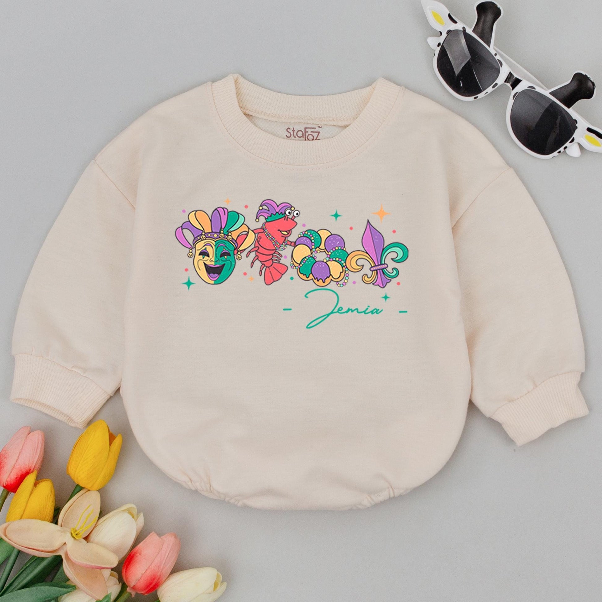Personalized Happy Mardi Gras Baby Romper First Carnival Festival Outfit Infant Tee Baby Announcement Clothes