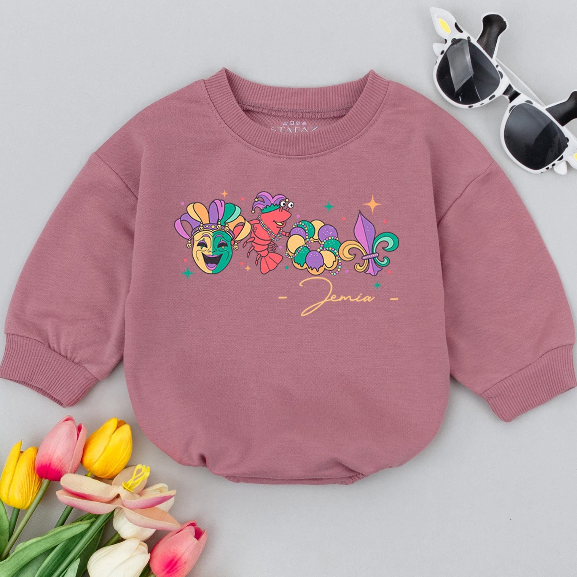 Personalized Happy Mardi Gras Baby Romper First Carnival Festival Outfit Infant Tee Baby Announcement Clothes