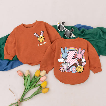 Kaycee's Groovy Easter Baby Romper with Bunny Ears & Pastel Rainbow, Personalized 1st Easter Outfit, Cute Bubble Bodysuit Gift