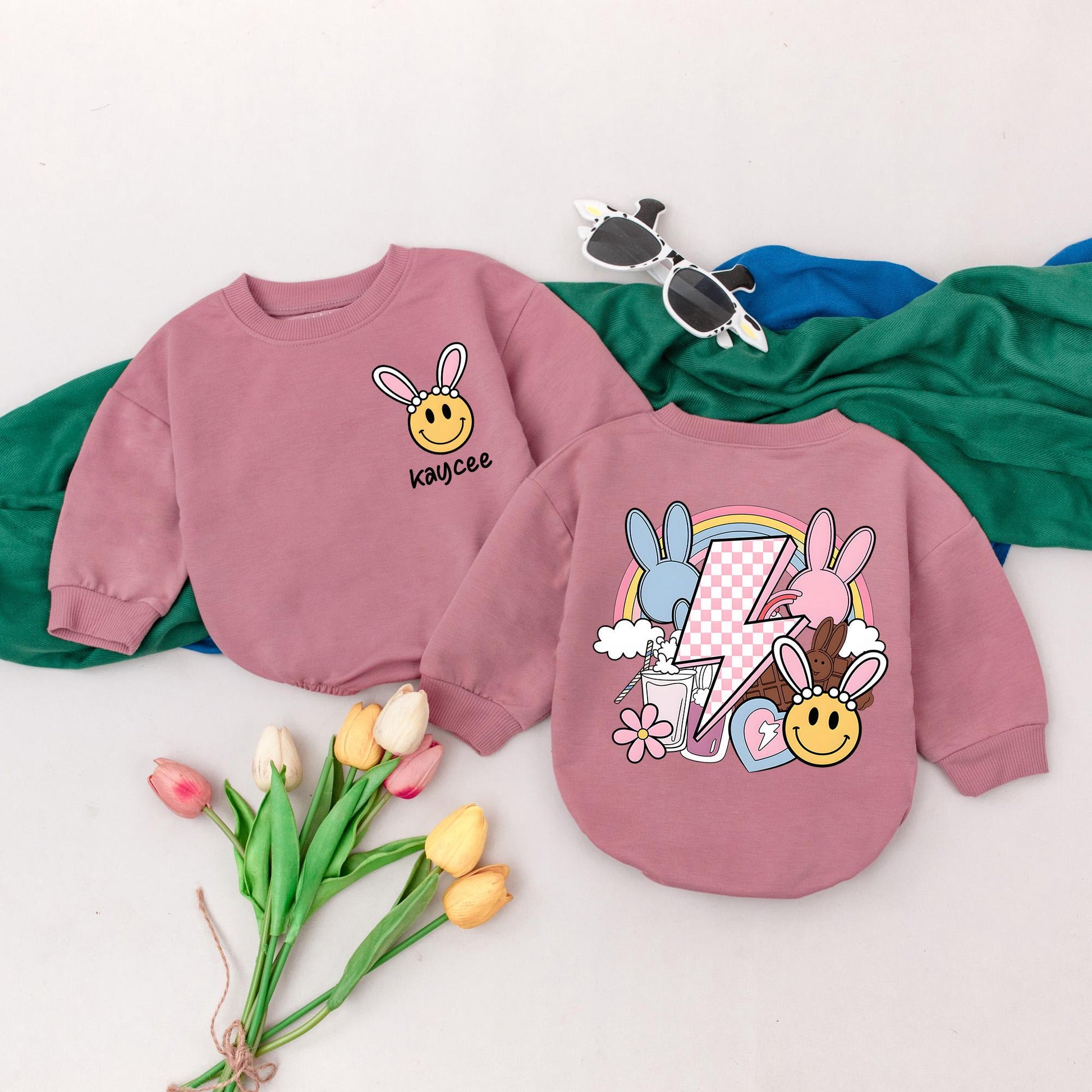 Kaycee's Groovy Easter Baby Romper with Bunny Ears & Pastel Rainbow, Personalized 1st Easter Outfit, Cute Bubble Bodysuit Gift