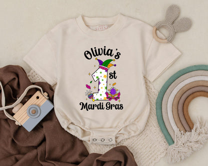 Personalized Mardi Gras Baby Romper Cute First Celebration Outfit Unisex Sweatshirt Bodysuit for Boys Girls Newborn Shower Gift