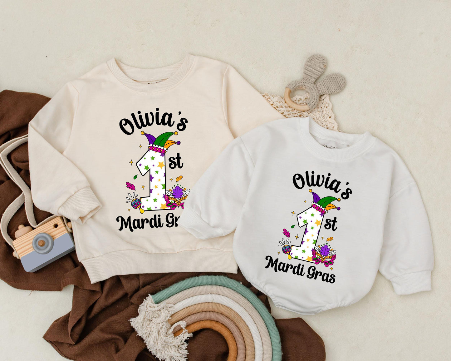 Personalized Mardi Gras Baby Romper Cute First Celebration Outfit Unisex Sweatshirt Bodysuit for Boys Girls Newborn Shower Gift