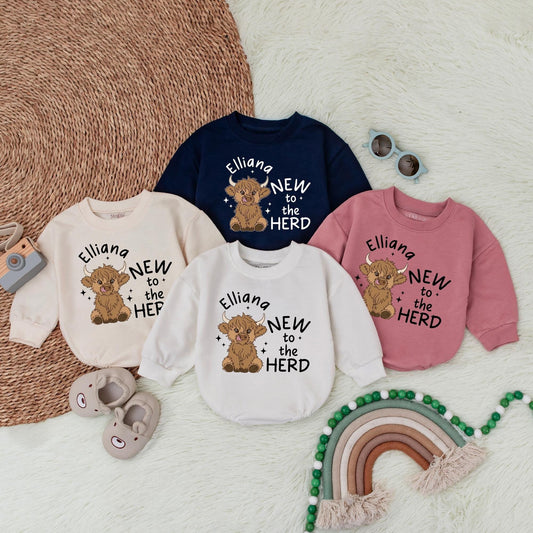 Custom Soft New to the Herd Baby Romper for a charming Pregnancy Announcement, adorable Cattle Farmer Newborn Baby Clothes and Shower Gift