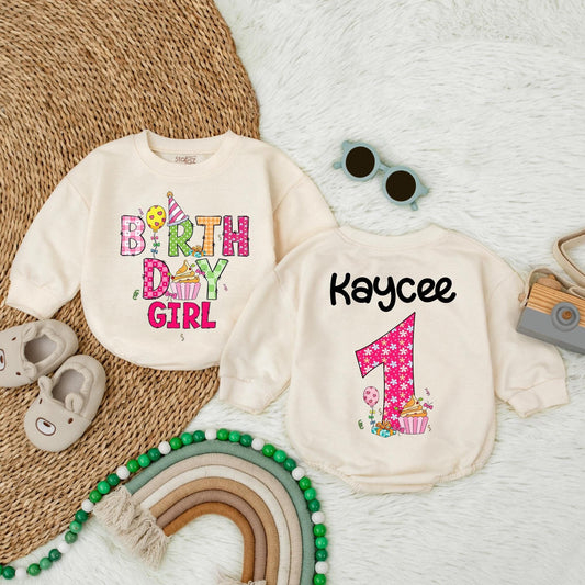 Birthday Girl Bubble Romper Pink First Birthday Outfit for Baby Girl Custom Name Celebration Clothes Soft Cotton