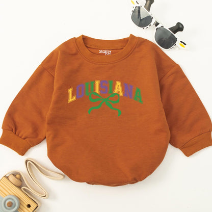 Retro Louisiana Mardi Gras Baby Romper for Baby Announcement and First Carnival Festival Outfit Bodysuit, Funny Newborn Gift for Parade Celebration
