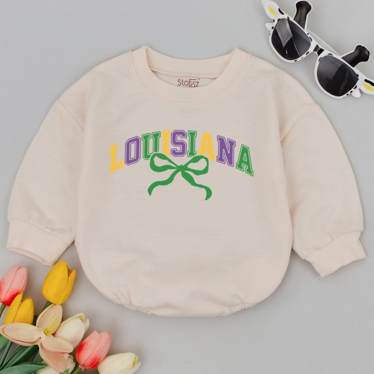 Retro Louisiana Mardi Gras Baby Romper for Baby Announcement and First Carnival Festival Outfit Bodysuit, Funny Newborn Gift for Parade Celebration