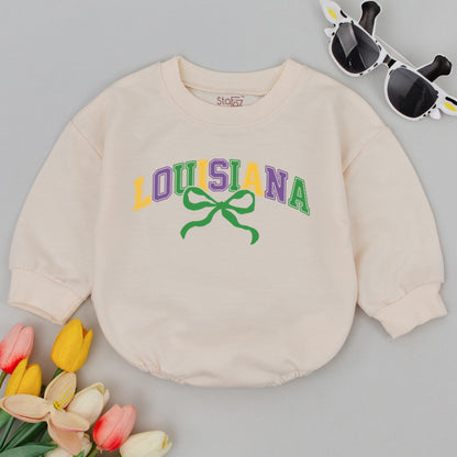 Retro Louisiana Mardi Gras Baby Romper for Baby Announcement and First Carnival Festival Outfit Bodysuit, Funny Newborn Gift for Parade Celebration