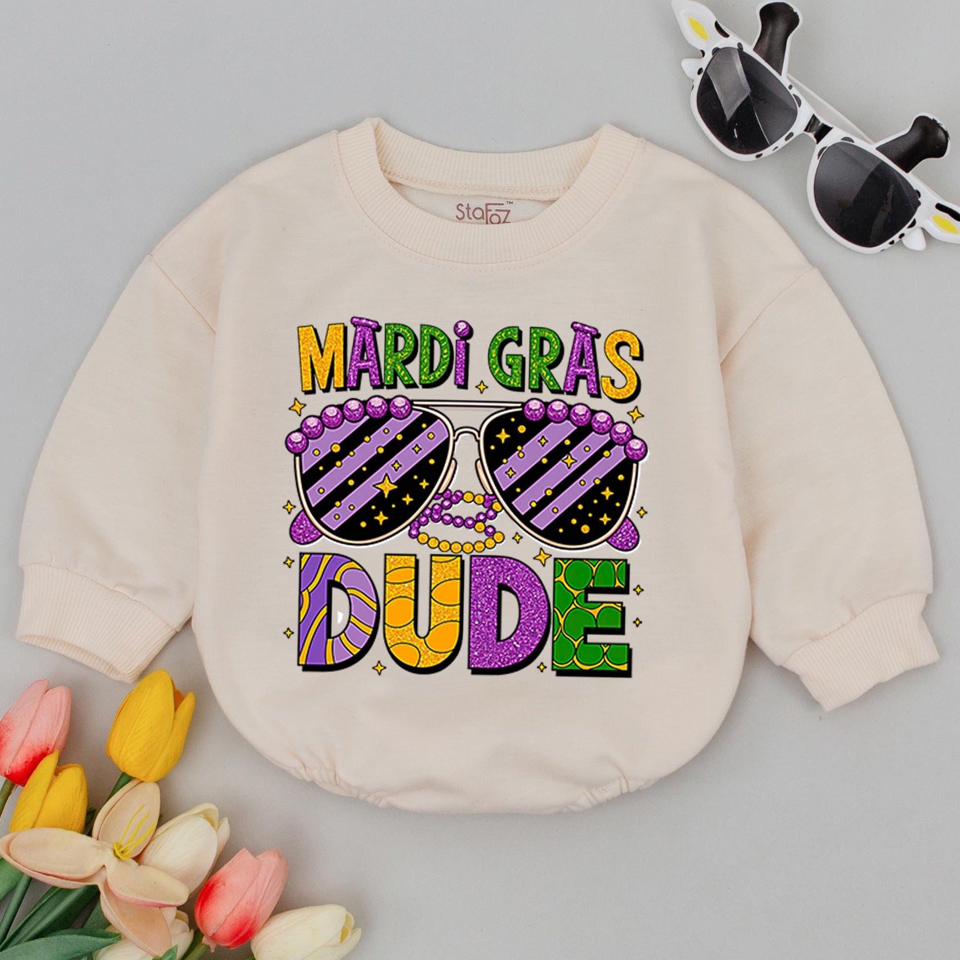 Mardi Gras Dude Baby Romper - First Parade Gift, Baby Announcement Clothes for Boys, Carnival Outfit, Flower de Luce Bodysuit