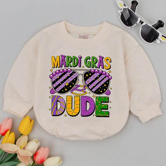Mardi Gras Dude Baby Romper - First Parade Gift, Baby Announcement Clothes for Boys, Carnival Outfit, Flower de Luce Bodysuit