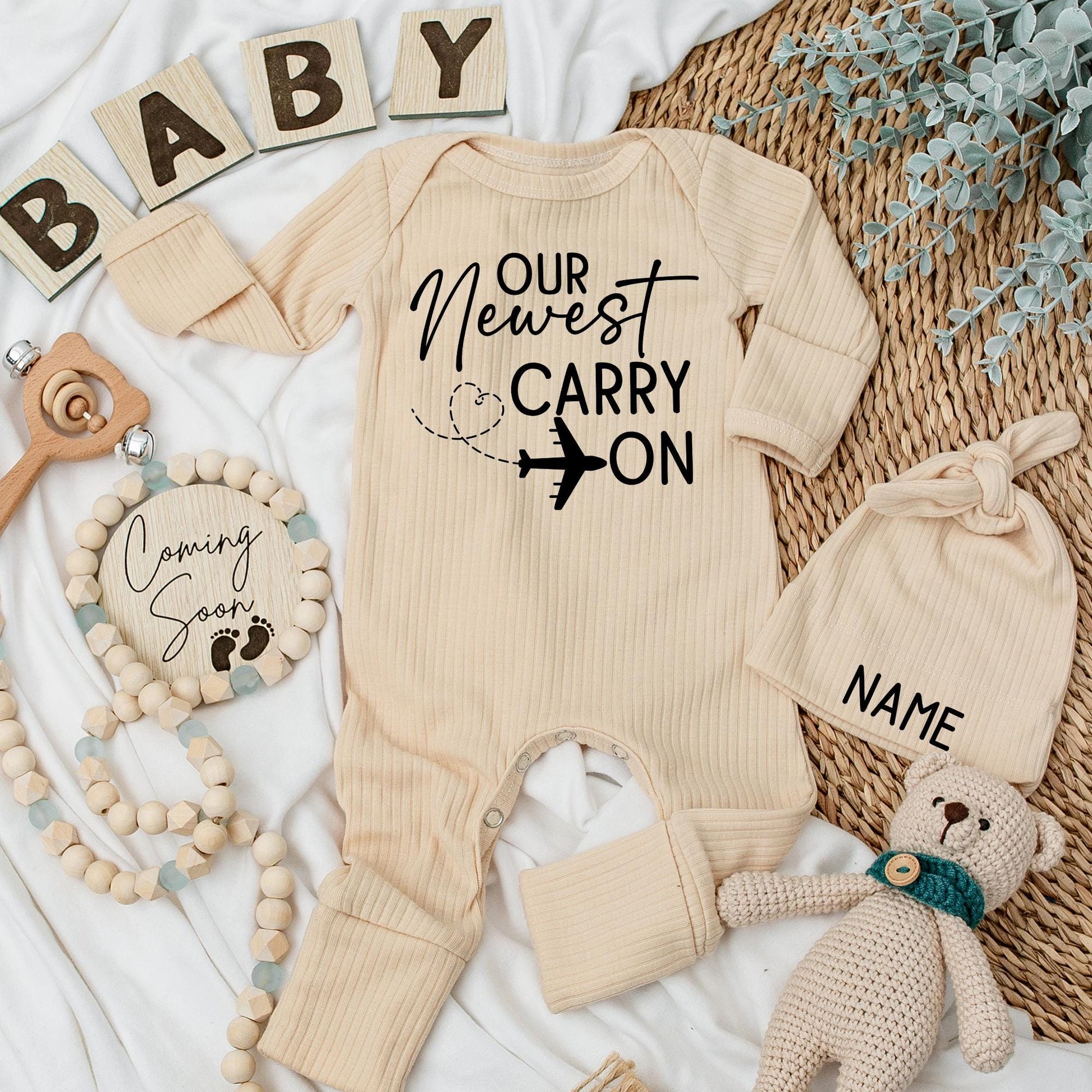 Airplane Travel Themed Carry On Baby Bodysuit and Hat Set Newborn Clothes, Gender Neutral Pregnancy Reveal Going Home Outfit, Baby Shower Gift