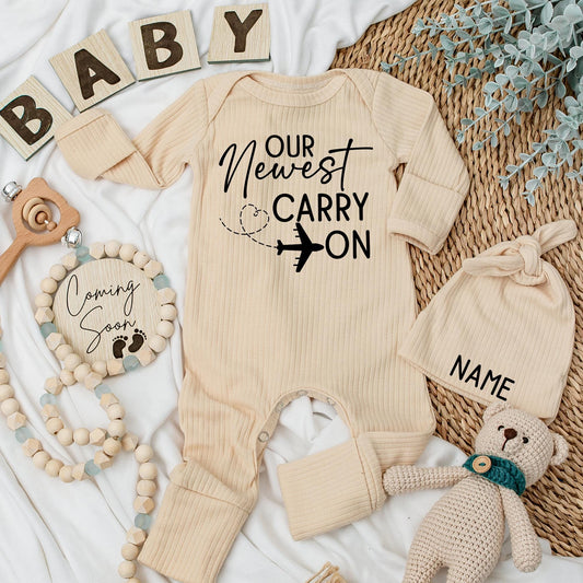 Airplane Travel Themed Carry On Baby Bodysuit and Hat Set Newborn Clothes, Gender Neutral Pregnancy Reveal Going Home Outfit, Baby Shower Gift