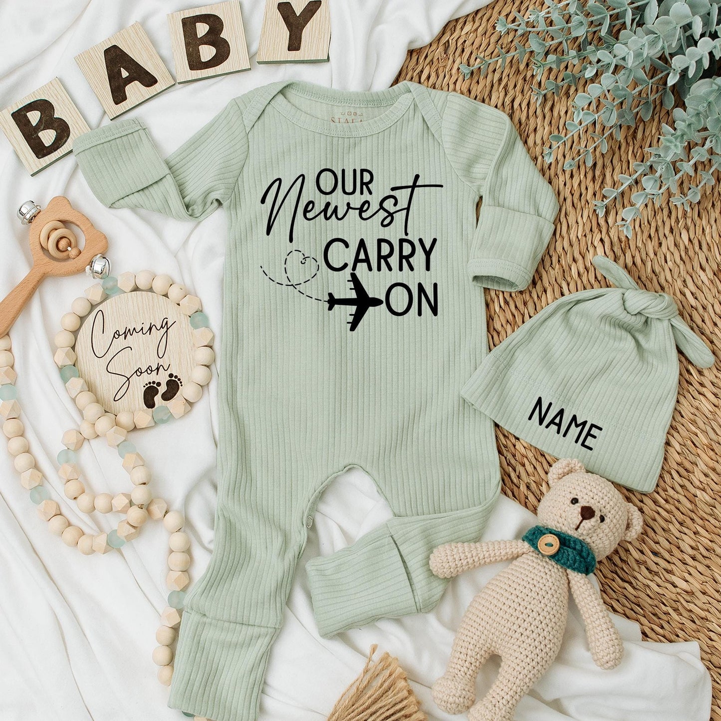 Airplane Travel Themed Carry On Baby Bodysuit and Hat Set Newborn Clothes, Gender Neutral Pregnancy Reveal Going Home Outfit, Baby Shower Gift