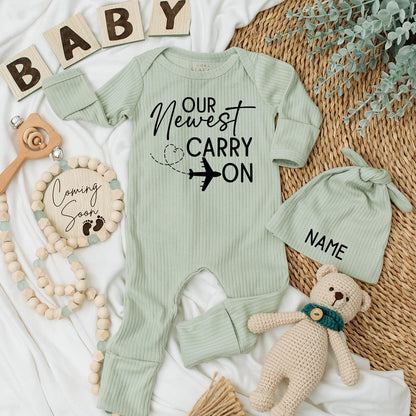 Airplane Travel Themed Carry On Baby Bodysuit and Hat Set Newborn Clothes, Gender Neutral Pregnancy Reveal Going Home Outfit, Baby Shower Gift
