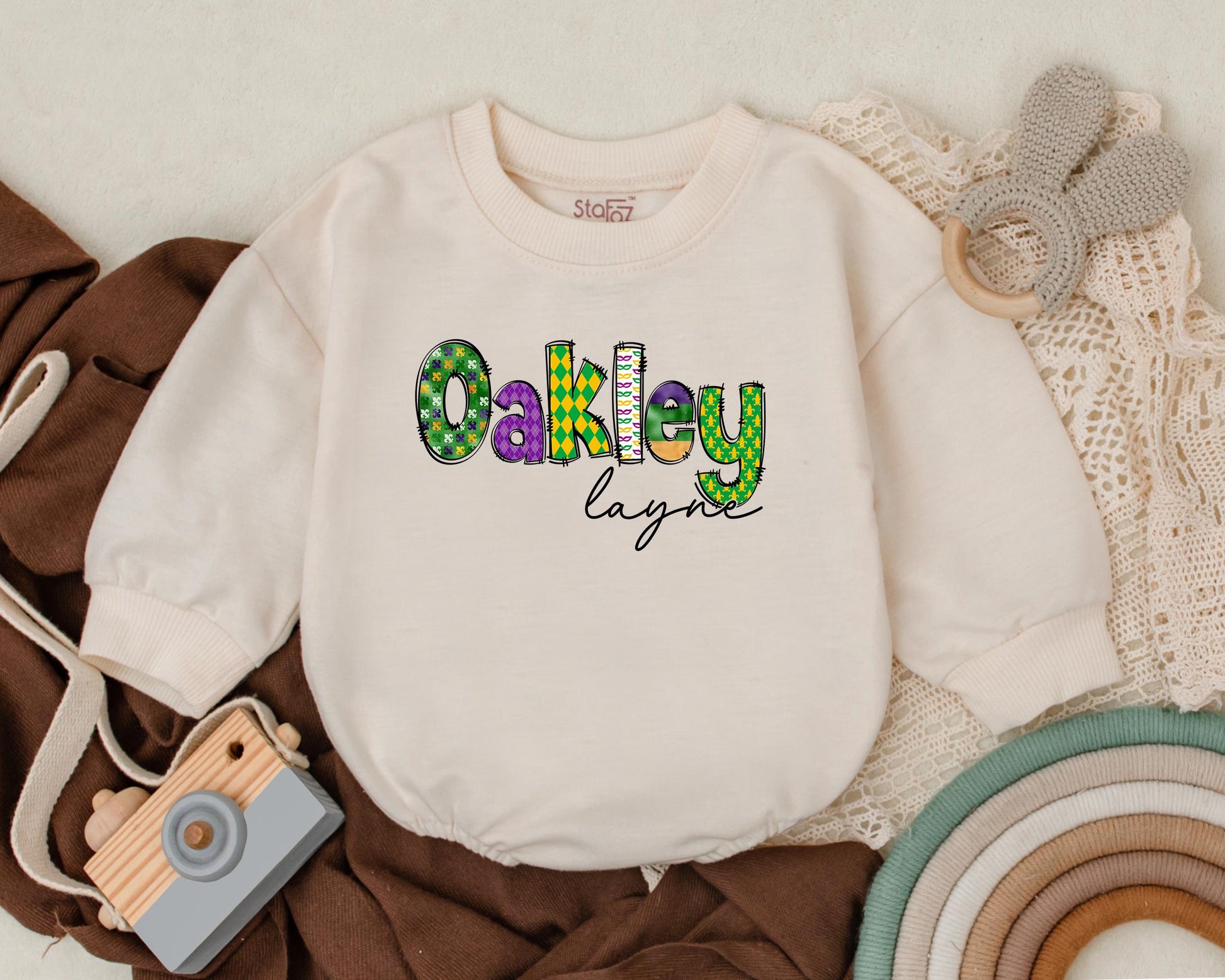 Personalized Mardi Gras Baby Romper - Cute Unisex Sweatshirt Romper for Newborns & Baby Girls & Boys, Baby Shower Gift