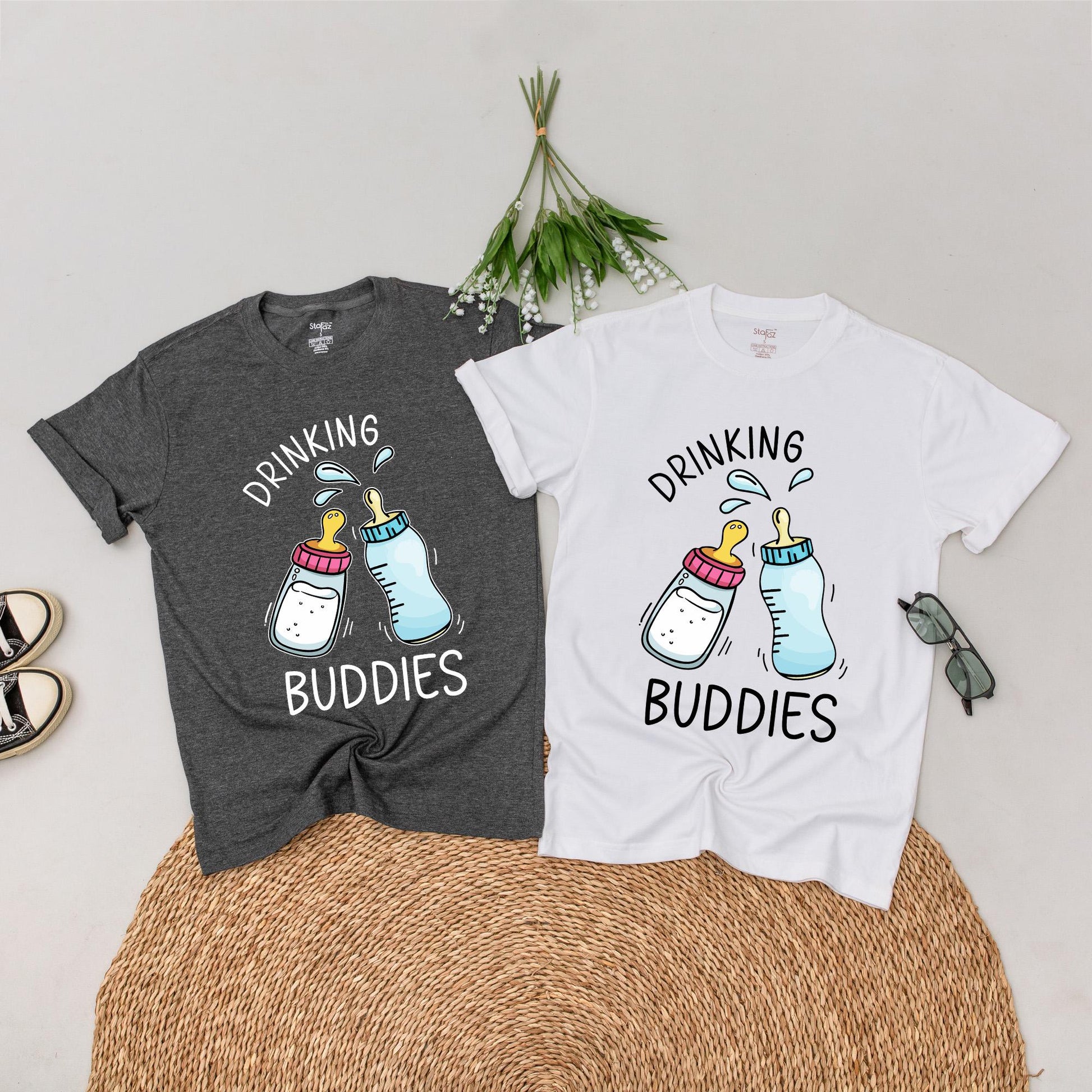 Drinking Buddies Matching Family T-Shirts Cute Baby Bottle Design for Best Friends and Couples Adorable Twin Outfits for Birthdays Casual Wear