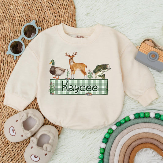 Personalized Name Mallard Duck Hunting Romper Sweater, Boy Ducking Hunter Baby Romper, Ducks Deer Fishing, hunting buddy, Newborn Bodysuit
