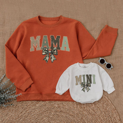 Matching Mommy and Me Camo Bow Sweatshirts and Baby Girl Romper for Mother Daughter Hunting Mama Cozy Outfit Mother's Day Gift