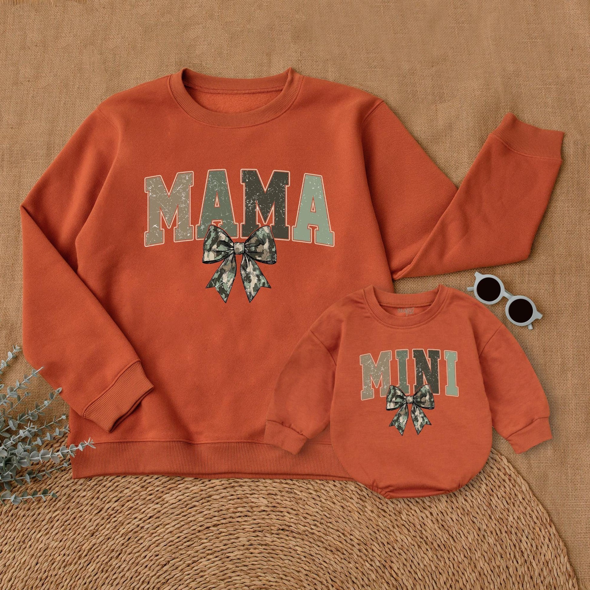 Matching Mommy and Me Camo Bow Sweatshirts and Baby Girl Romper for Mother Daughter Hunting Mama Cozy Outfit Mother's Day Gift