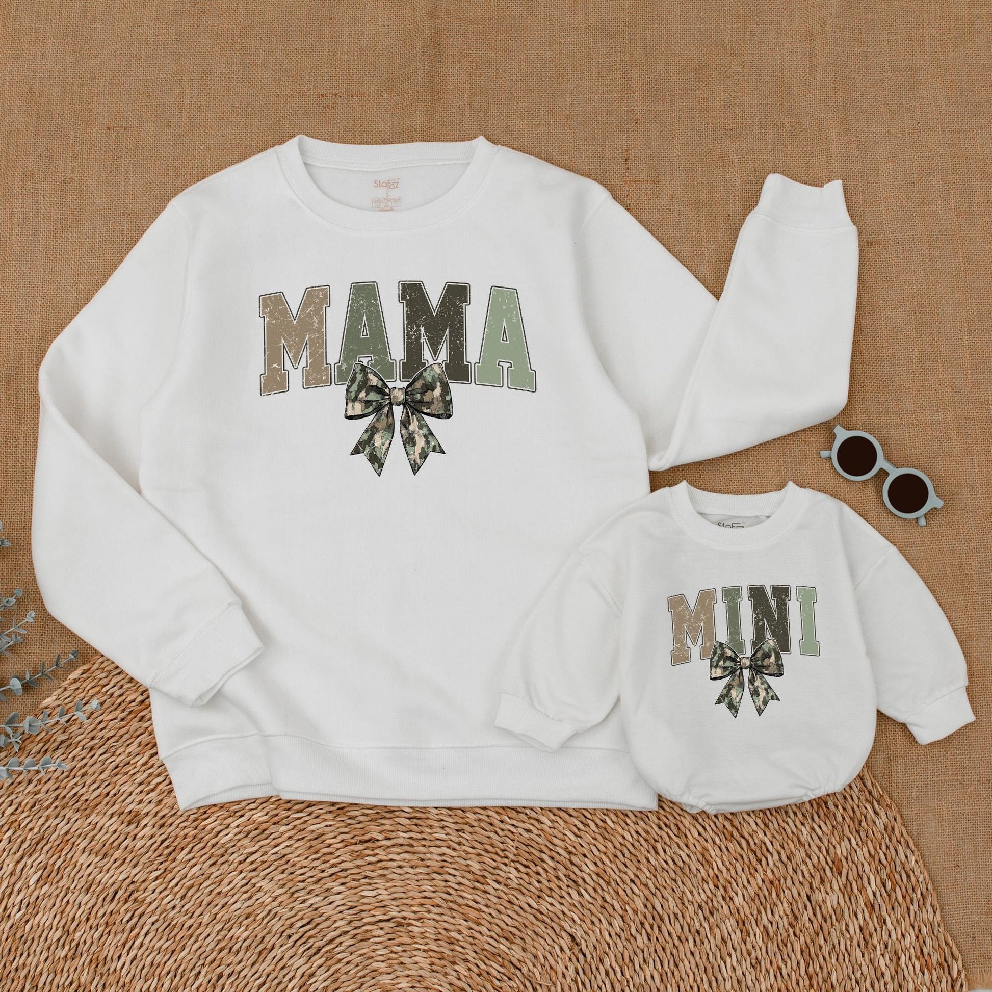 Matching Mommy and Me Camo Bow Sweatshirts and Baby Girl Romper for Mother Daughter Hunting Mama Cozy Outfit Mother's Day Gift