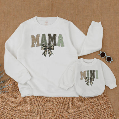 Matching Mommy and Me Camo Bow Sweatshirts and Baby Girl Romper for Mother Daughter Hunting Mama Cozy Outfit Mother's Day Gift