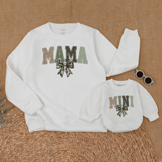Matching Mommy and Me Camo Bow Sweatshirts and Baby Girl Romper for Mother Daughter Hunting Mama Cozy Outfit Mother's Day Gift