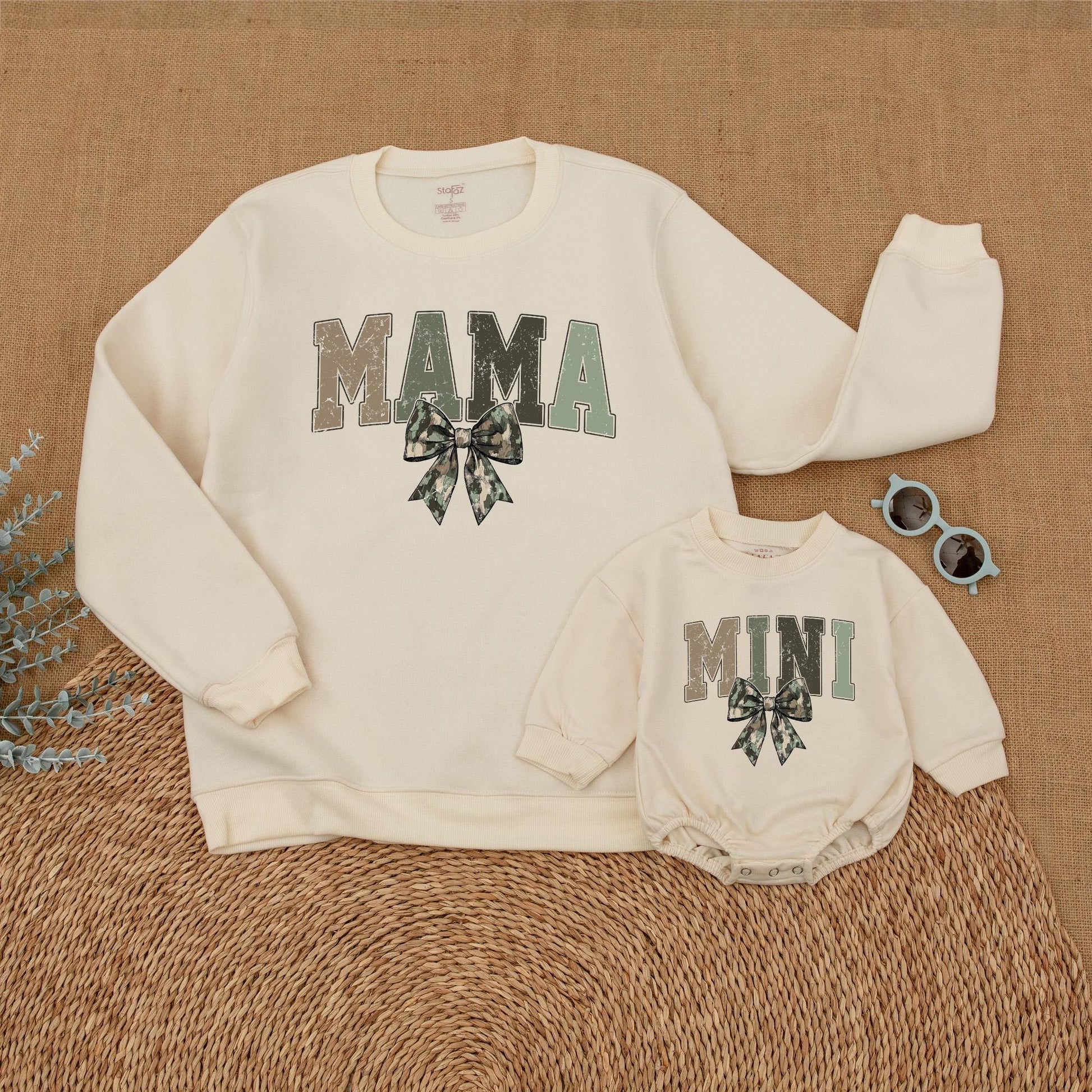 Matching Mommy and Me Camo Bow Sweatshirts and Baby Girl Romper for Mother Daughter Hunting Mama Cozy Outfit Mother's Day Gift