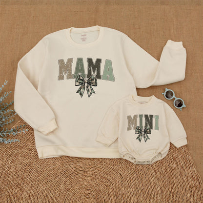 Matching Mommy and Me Camo Bow Sweatshirts and Baby Girl Romper for Mother Daughter Hunting Mama Cozy Outfit Mother's Day Gift