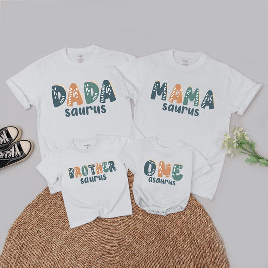Personalized Dinosaur One-A-Saurus 1st Birthday Family Matching T-Shirt for Boy Mommy and Me Dinosaur Celebration Tee