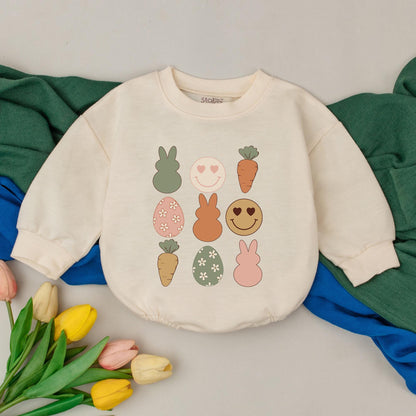 Retro Groovy Easter Romper for Baby's First Easter Outfit Little Bunny Celebration Bodysuit Custom Name Gift