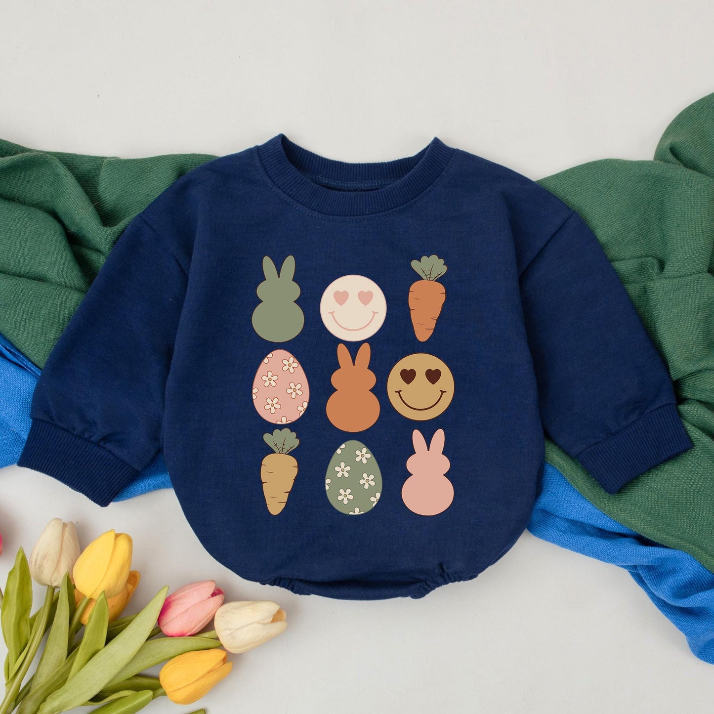 Retro Groovy Easter Romper for Baby's First Easter Outfit Little Bunny Celebration Bodysuit Custom Name Gift