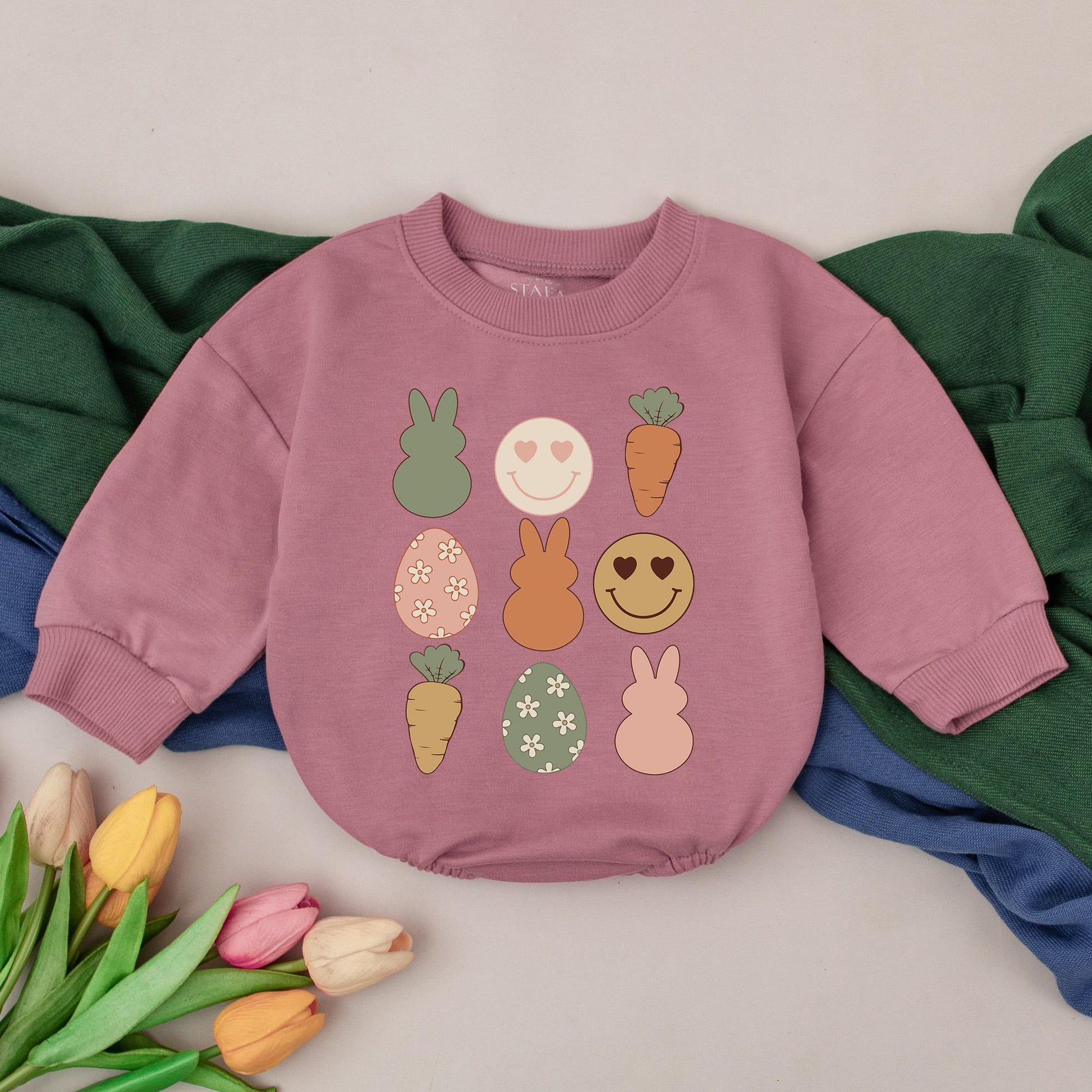 Retro Groovy Easter Romper for Baby's First Easter Outfit Little Bunny Celebration Bodysuit Custom Name Gift