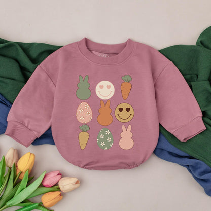 Retro Groovy Easter Romper for Baby's First Easter Outfit Little Bunny Celebration Bodysuit Custom Name Gift