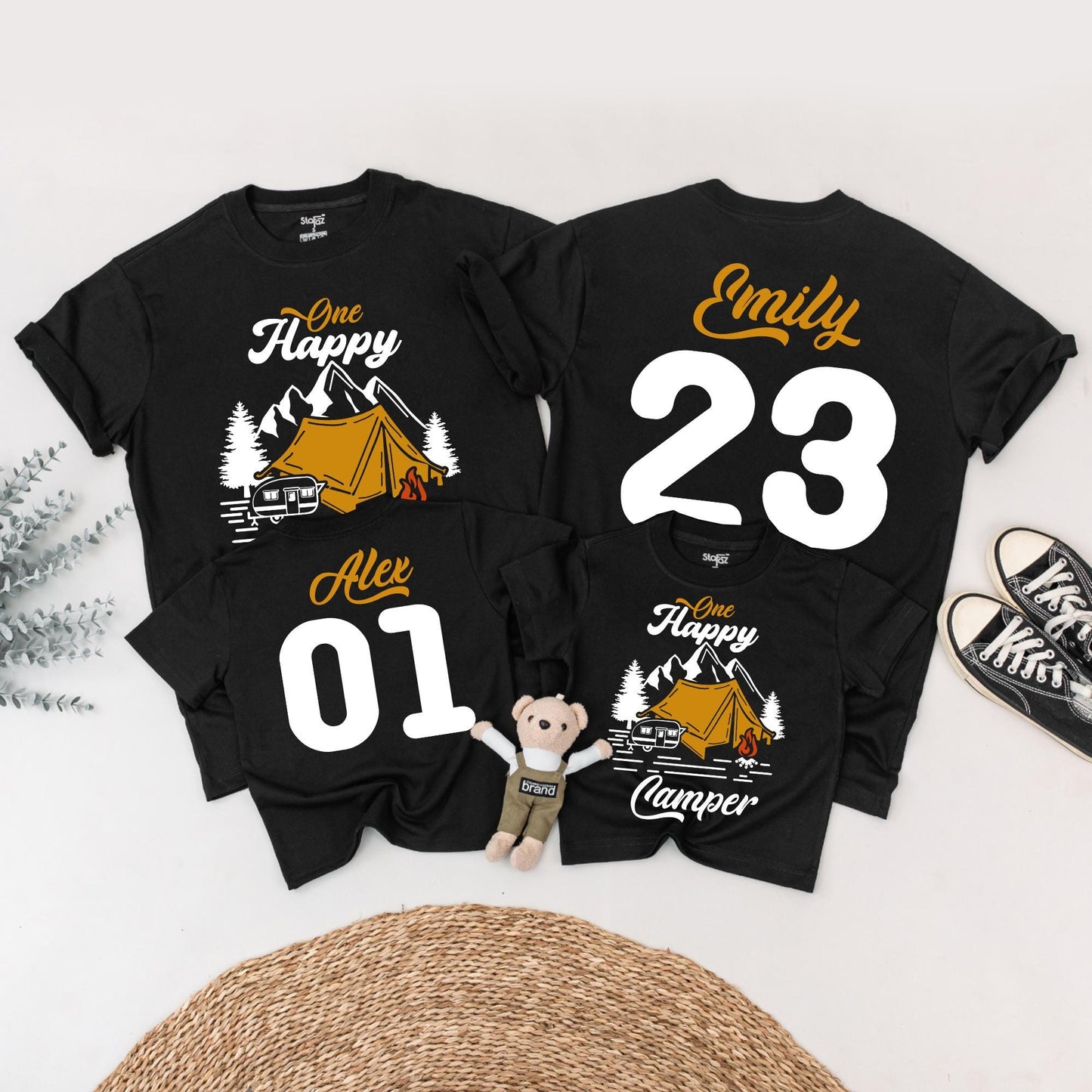 One Happy Camper First Birthday Shirt Matching Family Outfit Vintage Camping Party Theme Black Yellow Pine Tree Tent Cotton Tee