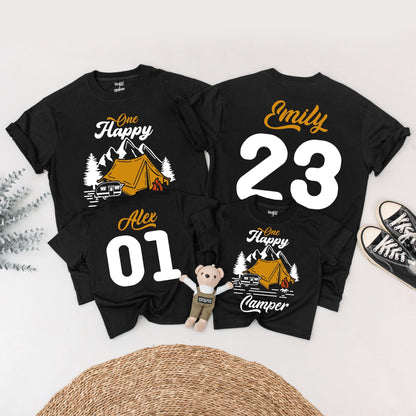 One Happy Camper First Birthday Shirt Matching Family Outfit Vintage Camping Party Theme Black Yellow Pine Tree Tent Cotton Tee