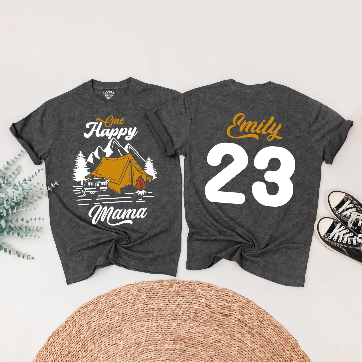 One Happy Camper First Birthday Shirt Matching Family Outfit Vintage Camping Party Theme Black Yellow Pine Tree Tent Cotton Tee
