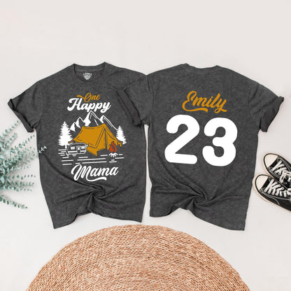 One Happy Camper First Birthday Shirt Matching Family Outfit Vintage Camping Party Theme Black Yellow Pine Tree Tent Cotton Tee